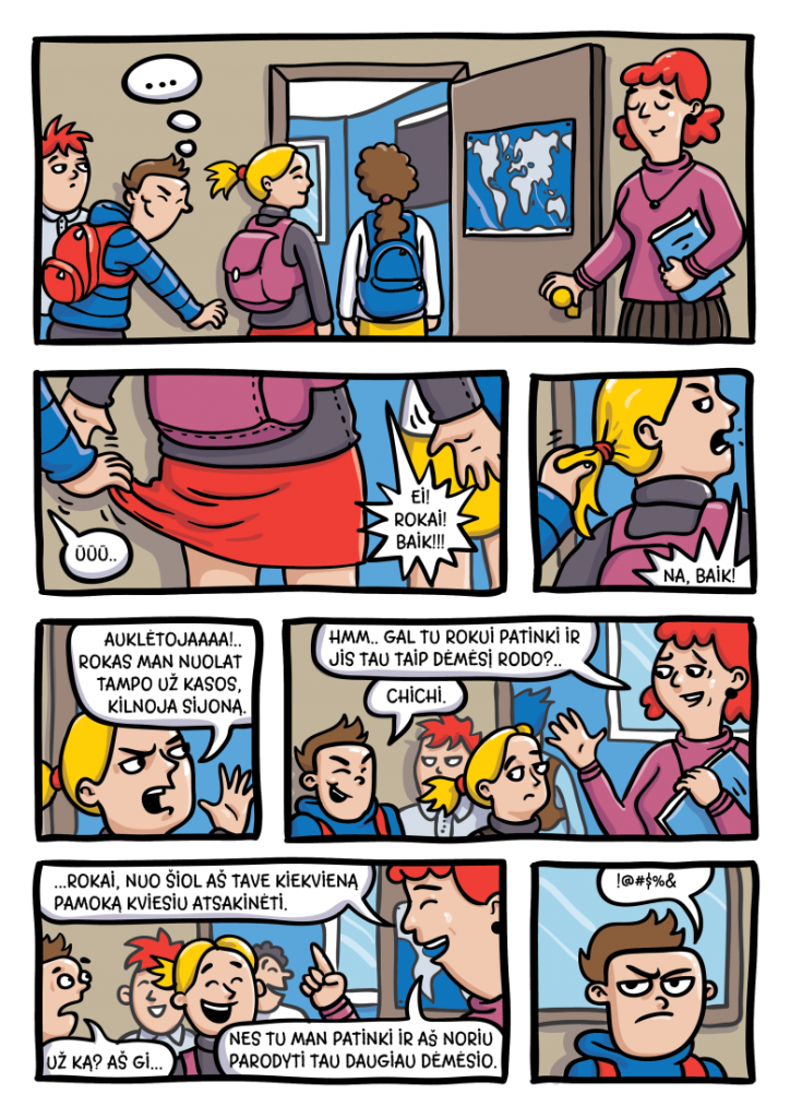 Komiksas. Berniukas kelia mergaitei sijoną ir mokytoja šmaikščiai jį sudrausmina.